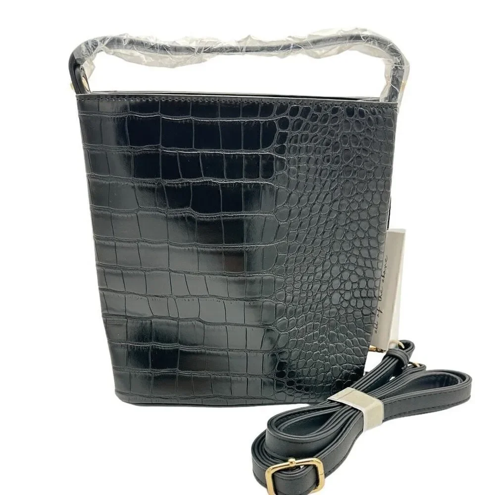 AOTA Croc-Embossed Vegan‎ Leather Bucket Bag with Tassel Charm Black